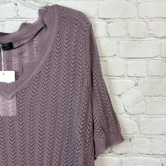 BloomChic Purple Geometric Sheer V Neck Knit Top Plus Size 2X - Picture 3 of 6